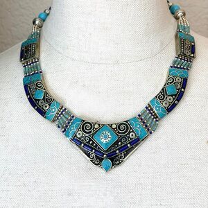 Tibetan Nepalese Style Turquoise Blue Inlay Statement Collar Necklace